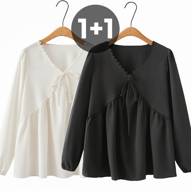 더그랜 여성 리본 타이 블라우스 긴팔 러블리 셔츠 2종세트