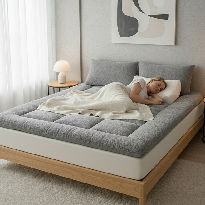 후끈 자가발열 양털 양면 반반 밴딩토퍼 침대 바닥 차박매트, SS