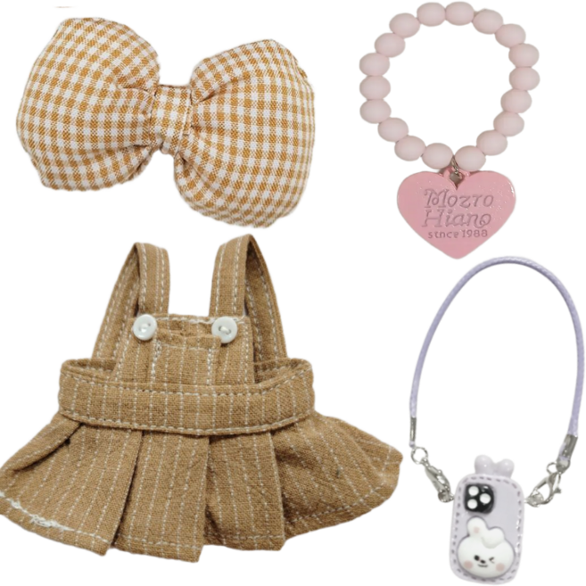 티니숲속 모루인형 옷 꾸미기 세트 10종 멜빵 원피스 니트 조끼 안경 소품 패키지, 1개, 브라운 멜빵 원피스 세트