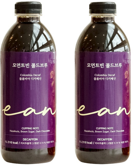 모먼트빈 콜드브루 1L X 2병 프리미엄 더치커피 원액 액상 커피 선물 디카페인 콜롬비아, 디카페인 콜롬비아 / 디카페인 콜롬비아, 2개, 1개입