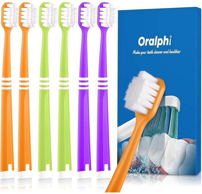 Oralphi 초극세모 부드러운 칫솔 폭이 넓은 헤드 6병 세트 잇몸관리 민감치용 임산부/고령자/교정/성인용 치과인정 치간 치실 효과 인체공학적 그립, 1개, 1개입