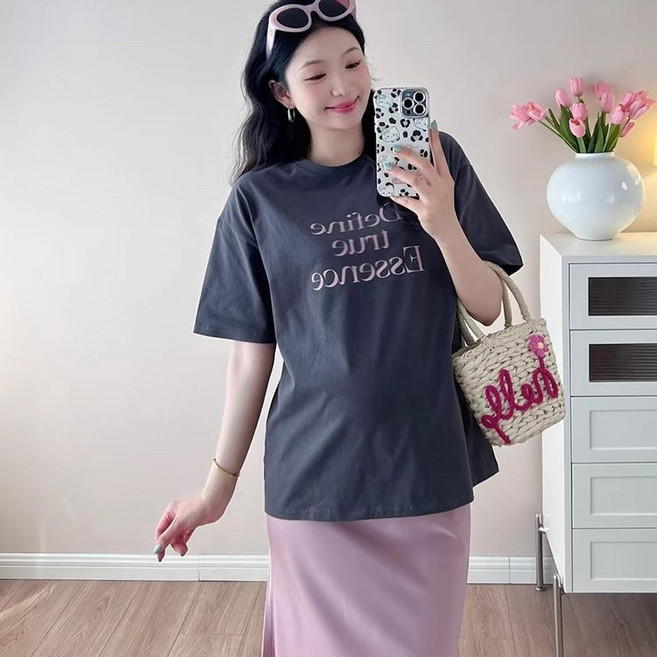 임산부 여름 반팔티 데일리 빅사이즈 순면 라운드넥 반팔 티셔츠 캐주얼 임부 반팔티 상의 JS