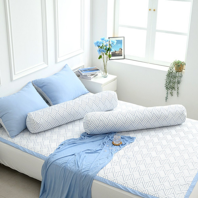 온다쿨 냉감 바디필로우 롱쿠션, 바디필로우 커버 + 솜포함 (블루). 트위니패턴