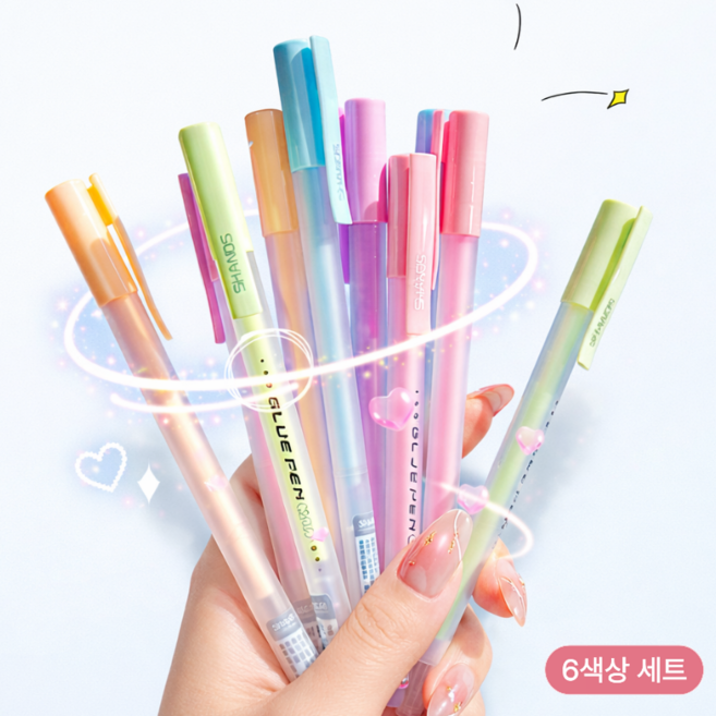 미룬토 다이어리 꾸미기 접착풀 다꾸 액상풀 글루펜 6색 세트, 1세트, 핑크 하늘색 연두색 살구색 화이트 연보라색