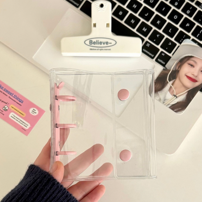 해피지니 미니3공 와이드 똑딱이 다이어리 현금바인더 포카앨범 포카 미니다이어리 투명다이어리 PVC 바인더 현금생활 저축챌린지, 1개, 연핑크