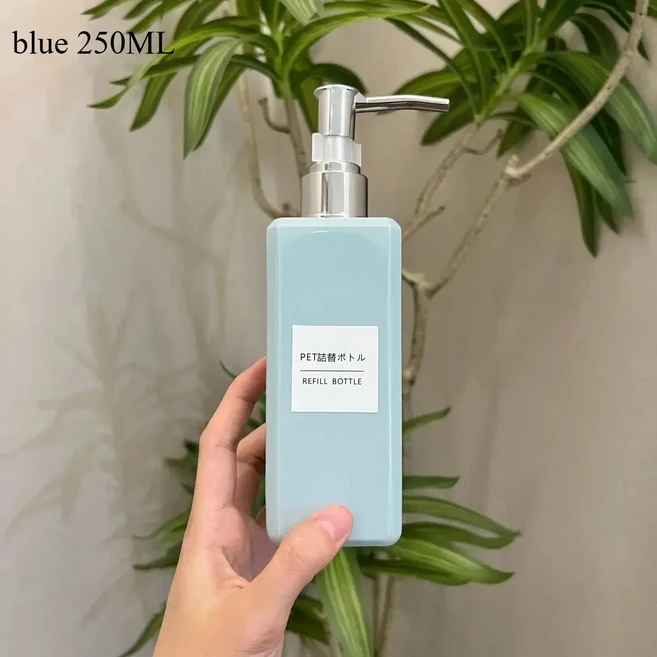 250ml 비누 펌프 디스펜서 욕실 샴푸 주방 접시 스퀘어 병 리필 샤워 플라스틱 손 액체 저장 용기, 08 blue set 250ML, 08 blue set 250ML