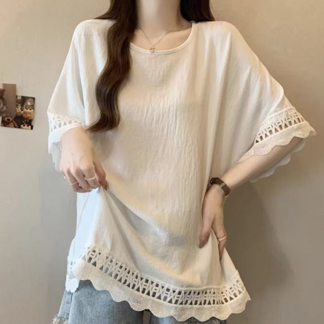 탑트레일 여성 여름 빅사이즈 레이스 반팔티 체형커버 엄마옷 편한옷