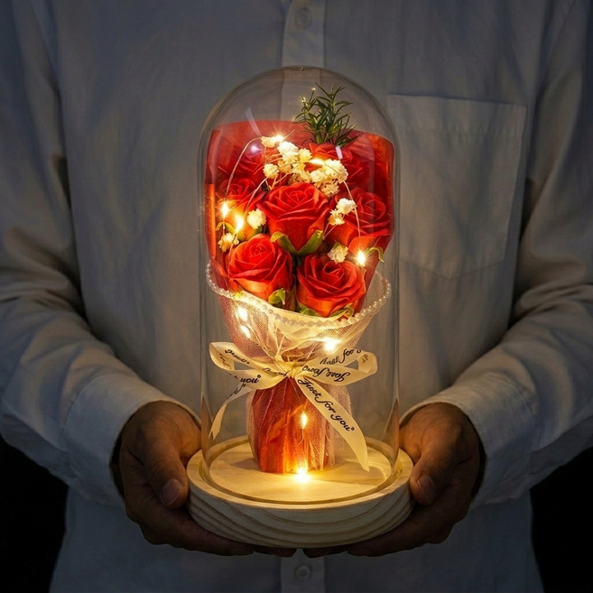 데이나 LED 유리돔 프리저브드 꽃다발 무드등, 레드