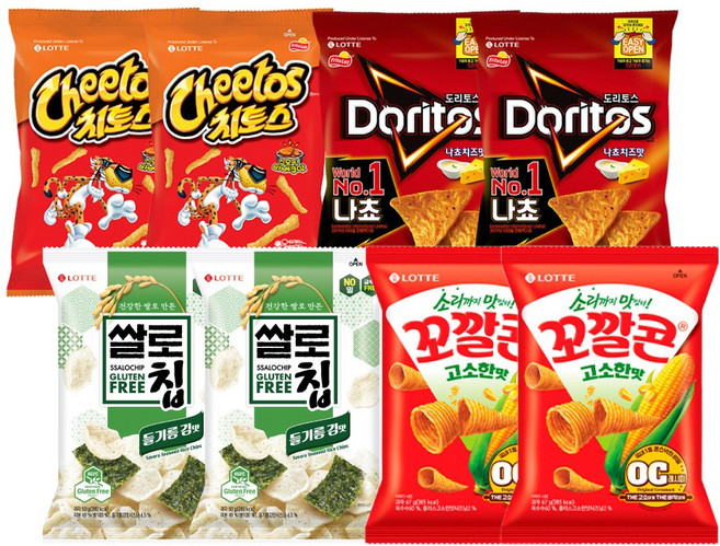 쌀로칩 들기름 김맛+꼬깔콘 고소한맛+치토스 스모키바베큐+도리토스 치즈 혼합구성, 2세트, 283g