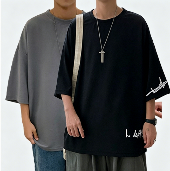 Blosun 여름 7부 티셔츠 남자티셔츠 2장 세트 빅사이즈 데일리 무지 링클프리 쿨 라운드