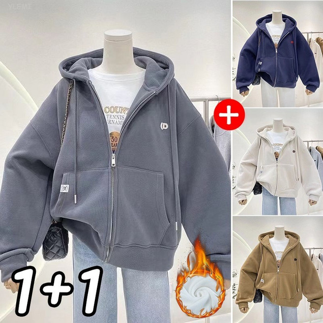 YLEMI 1+1 가을 겨울 기모 맨투맨 여성 코트 후드 루즈 카디건 2p 세트