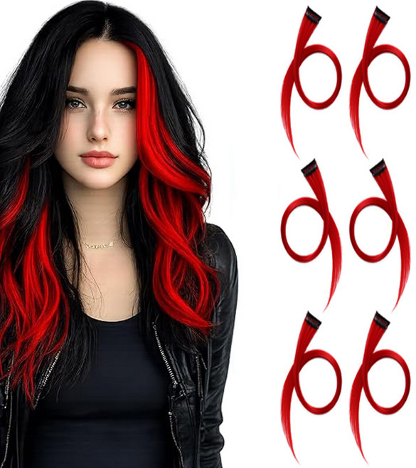 부분 가발 브릿지 붙임머리 헤어 피스 똑딱이 컬러 투톤 그라데이션 헤어피스-JFP7233, 6개, 레드