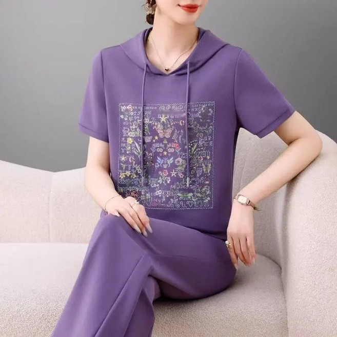 여성 트레이닝세트 여름 루즈핏 와이드핏 팬츠 후드 반팔 투피스 상하의세트