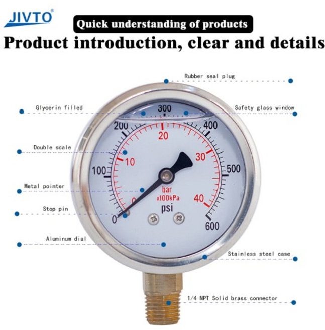 JIVTO 2 5인치 글리세린 충전 압력 게이지 - 1/4" NPT 하부 마운트 30-10000 PSI/Bar 유압 오일 공기, 01 CHINA, 08 0-200 psi   0-14 bar, 1개