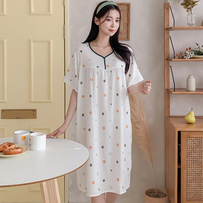 아소트 여성 파자마 반팔 원피스 잠옷 실내복 데일리 홈웨어 빅사이즈