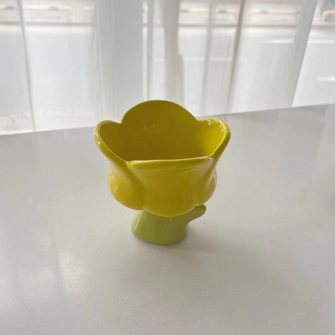 플라워 튤립 컵 꽃 모양 도자기 컵 디저트 볼 아이스크림 빙수 잔 디자인, 노란 튤립, 1개