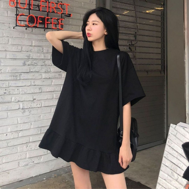 여성 여름 오버핏 통기성 반팔 미니 원피스 캐주얼 플리츠 상의 티셔츠 롱티 면티 빅사이즈