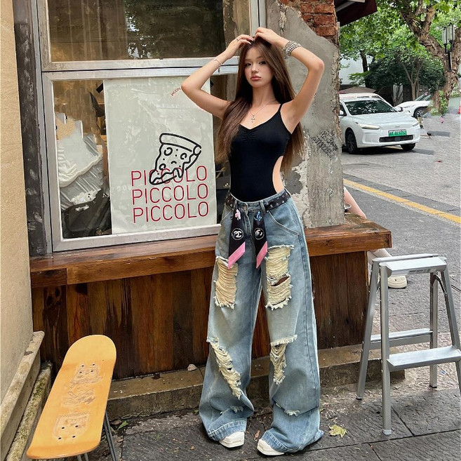 SAHINER 여성 여름 와이드 롱 찢청바지 하이웨스트 스트레이트 데님 바지 APD02