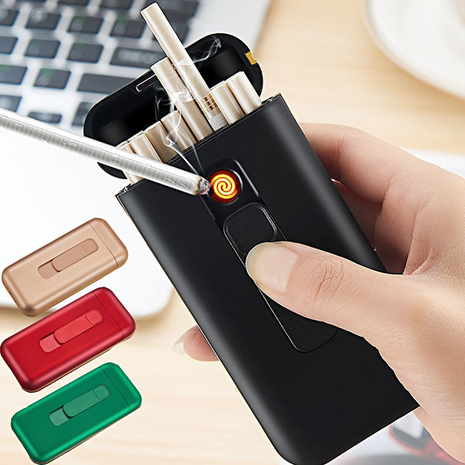 심플 원터치 usb 충전식 라이터 일체형 일반 얇은 에쎄 슬림 자석 담배 케이스 20개비 방수 파우치, B골드 슬림형 pt001, 1개