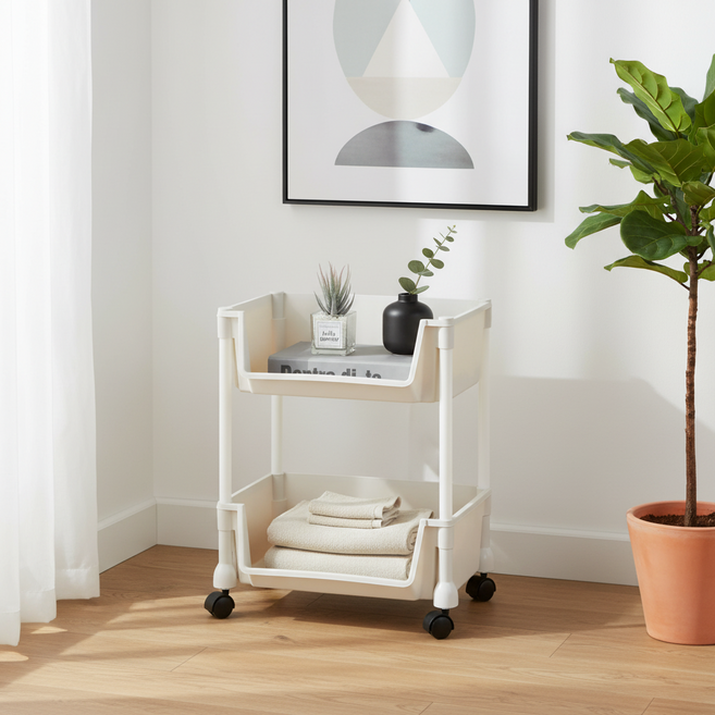 리빙코아 이동식 트롤리 바구니 수납 선반 다용도, 화이트, 2단