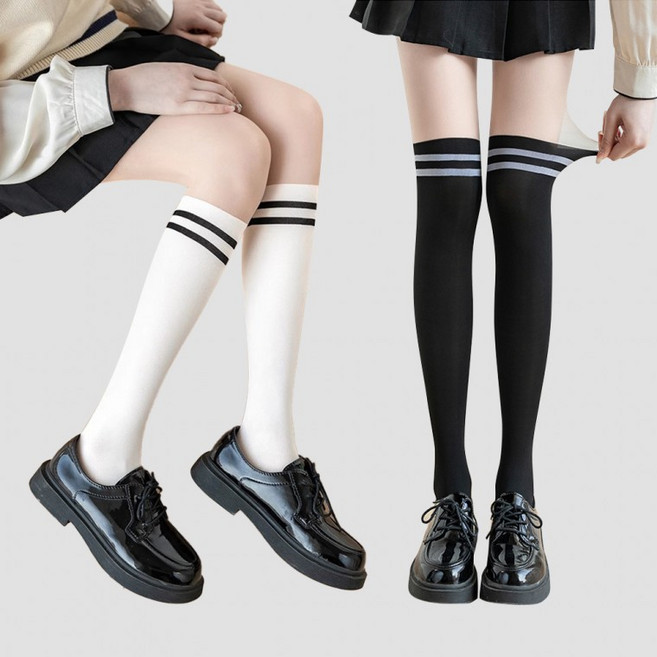 [큰손할인] 페이크니삭스스타킹 투톤 골프스타킹 두줄 사계절 팬티스타킹 오버니삭스 니하이 스타킹