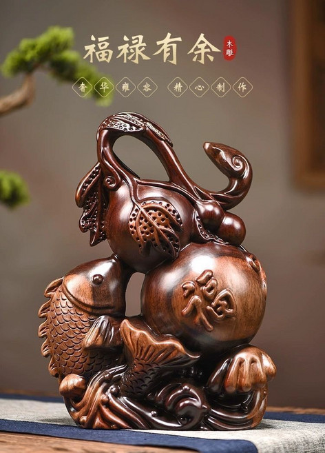 黑檀木 花梨木 福祿有魚 葫蘆擺件 整木精雕, 如圖所示, 1個