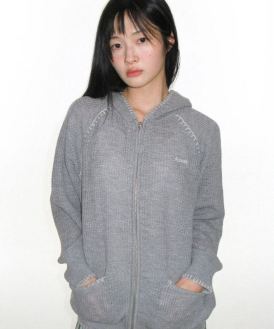 아메스 월드와이드 amesworldwide STITCH KNIT HOODIE ZIP-UP GREY