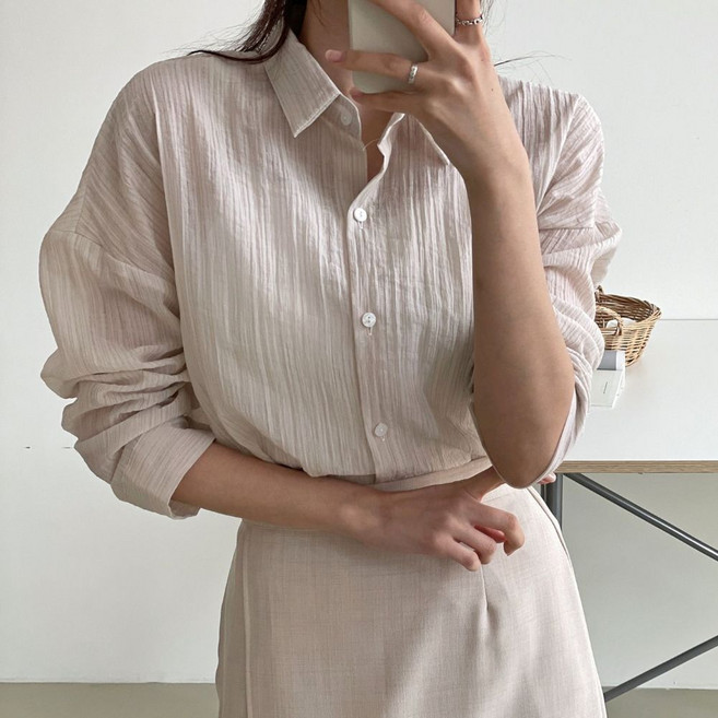 은밀한 플리츠주름블라우스 국산 시스루 텐셀 주름 셔링 기본여성남방 레이어드 비치웨어 직장인