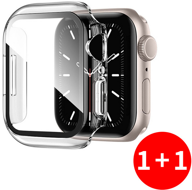 1+1 애플워치 호환 풀커버 강화유리 일체형 액정보호 케이스, 투명+실버, 2개