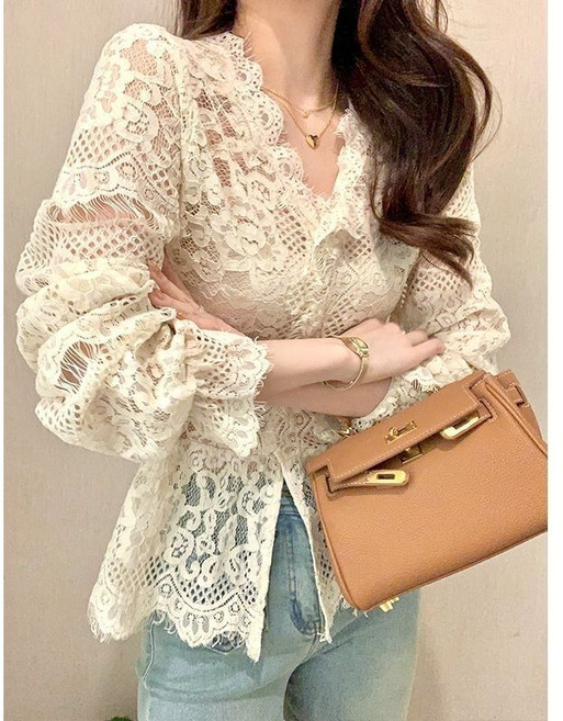 여성 봄 레이스 가디건 여성 프렌치 펀칭 레이스 티셔츠 슬림핏 브이넥 우아한 블라우스 LCL
