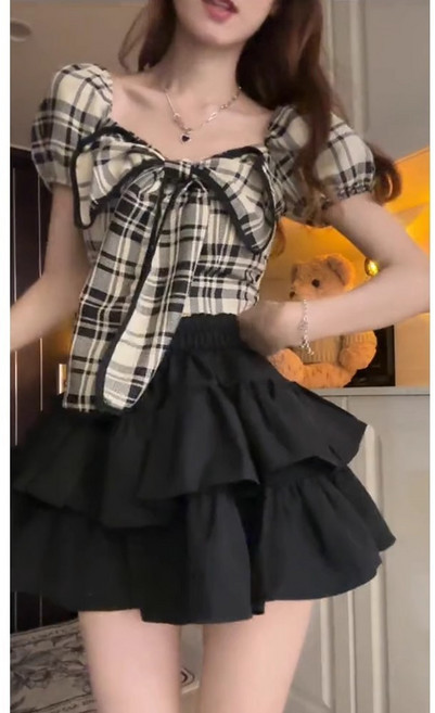 復古格子兩件套裙