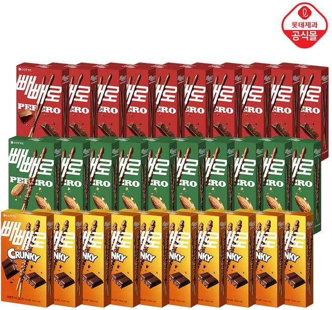 롯데 크런키 빼빼로 10개+아몬드 빼빼로 10개+초코 빼빼로 10개, 30개, 46g