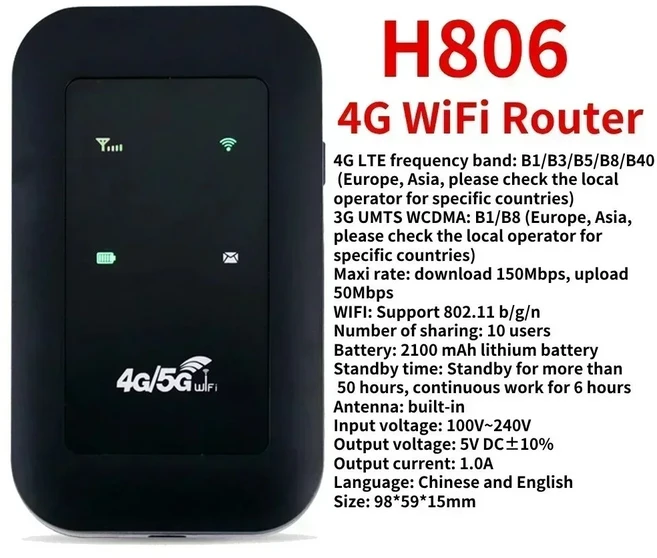 2026 차량용 모바일 와이파이 핫스팟 라우터 150Mbps 4G/5G LTE 무선 심 카드 슬롯 포함 휴대용 포켓 미파, 03 414 H806 Black EU