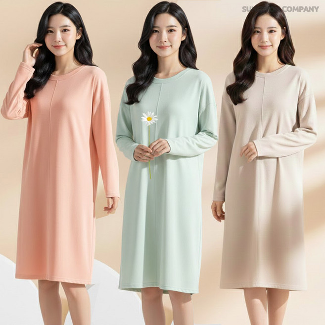 이너퀸 프리수 여성용 피치 소프트 얇은 기모 라운드넥 무지 절개 스판 데일리 잠옷 홈웨어 파자마 이지웨어 H라인 긴팔 롱 원피스 무지보송원피스