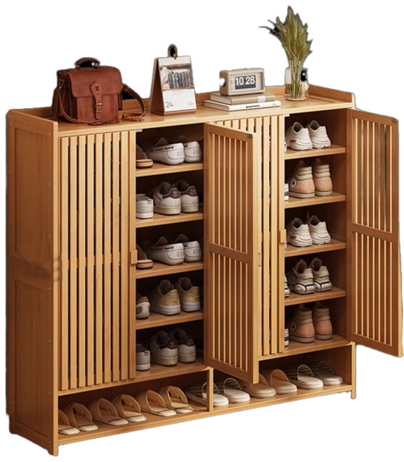 竹製鞋櫃 儲物櫃 豎條門設計, 茶色4門, 7層