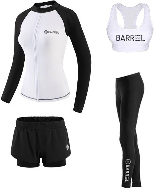 BARREL 女長袖泳衣 衝浪防曬速乾, 1個, 黑白拉鏈4件套（干濕均防曬）L
