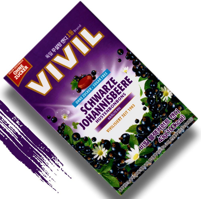 VIVIL 비빌캔디 블랙커런트 독일 무설탕 캔디 허브 멘톨 비타민C, 1개, 43g