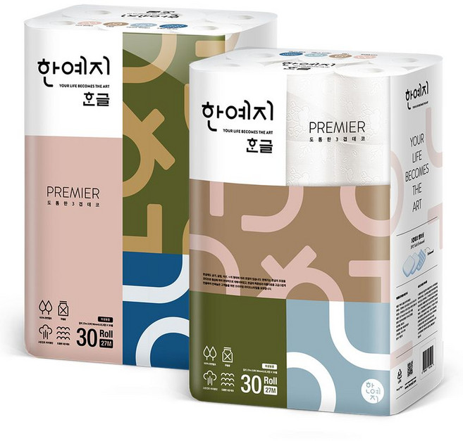 한예지 한글 프리미어 3겹 천연펄프 롤화장지, 27m, 30롤, 2개