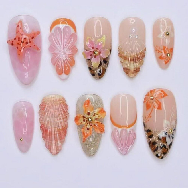 Plalely Almond Press on Nails Medium White Fake Nail Cute Flowers Print Acrylic ons Y2K Stick for, Clear29