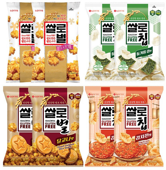 쌀로별 달고나맛 56g x2개+쌀로칩 김치전맛 75g x2개+쌀로별 오리지널 78g x2개+쌀로별 들기름 김맛 50g x2개, 518g, 1세트