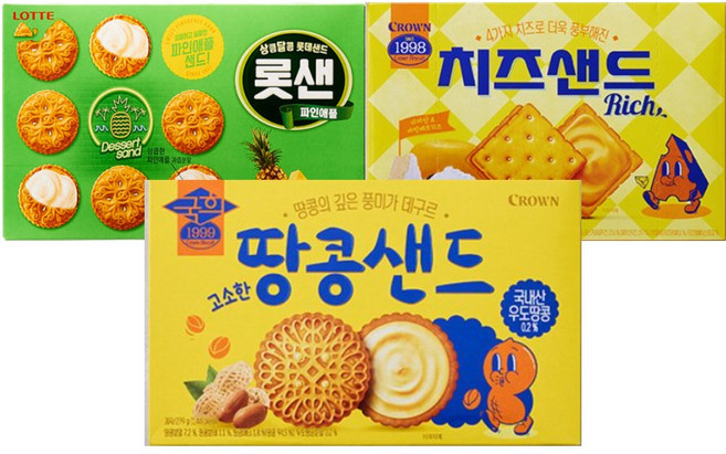 샌드 비스켓 대용량 곽과자 3종 세트 국희땅콩샌드279g+치즈샌드180g+롯데샌드315g, 1세트, 샌드 3종세트