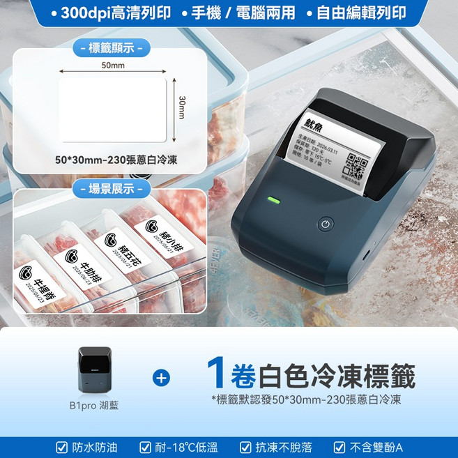 精臣 B1Pro 300dpi 高清熱感式手持便攜標籤機, 1個, B1Pro-湖藍灰+1捲白色冷凍標籤