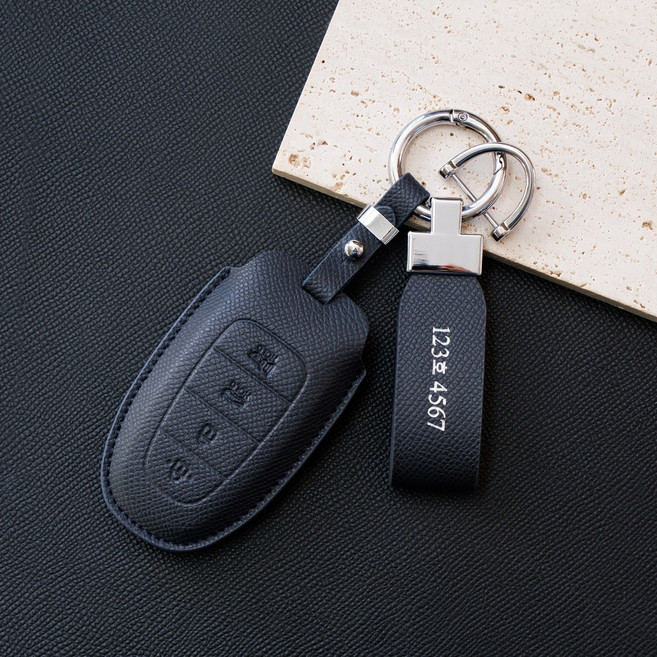 (무료각인)트니르 현대 호환 쏘나타DN8 더뉴그랜저 더뉴싼타페TM 더올뉴투싼NX4 넥쏘 스타리아 더뉴팰리세이드 차 키케이스 가죽 + 키링 차량용품 키홀더, 현대G타입(4버튼), 다크네이비