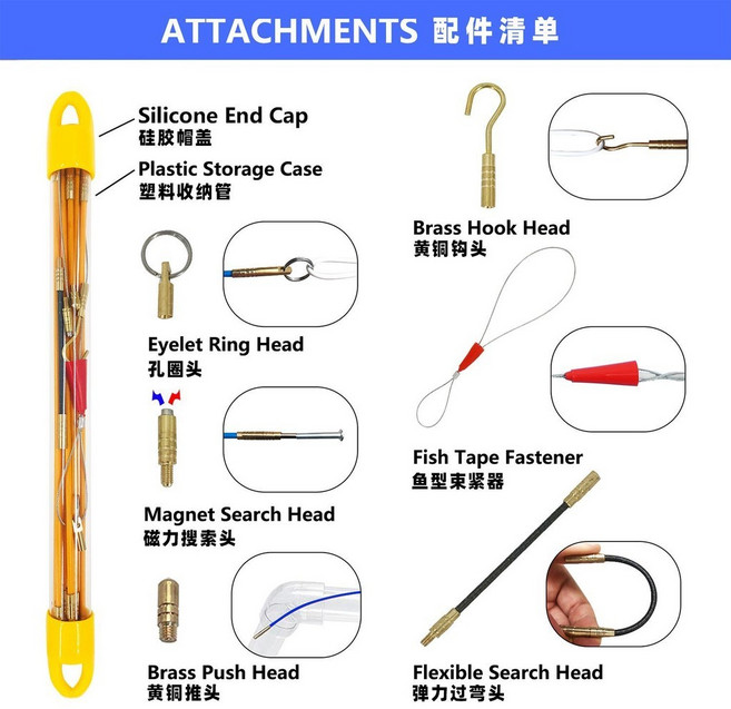 穿線神器 電工檢修拉線桿, 黃色4mm*50cm（總長5米）,透明管裝, 1個