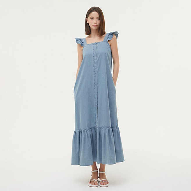 [백화점정품] 플라스틱아일랜드 어깨프릴 슬리브리스 데님 원피스 (PQ2DO631)