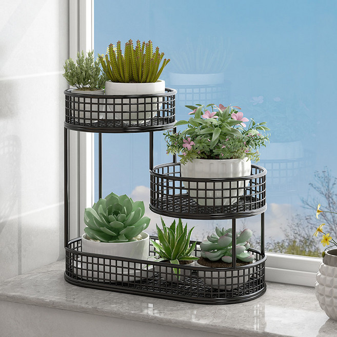 화분 진열대 데스크 식물 받침대, 3단, 블랙