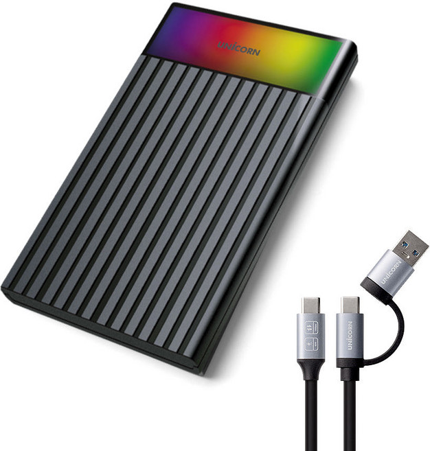 유니콘 USB3.2 Gen1 2.5인치 HDD SSD 외장하드케이스 컬러LED A+C타입젠더 슬라이딩결합 HSD-V10