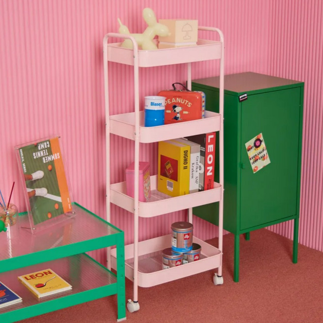 비아베네또 이동식 트롤리 틈새 선반 수납 철제 바퀴 미니 트롤리 3단, 핑크, 4단