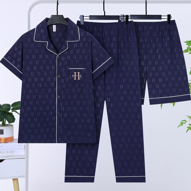 雲朵棉睡衣男士夏季短袖長褲三件套薄款夏天大碼青中年爸爸家居服 副廠商品 爆品