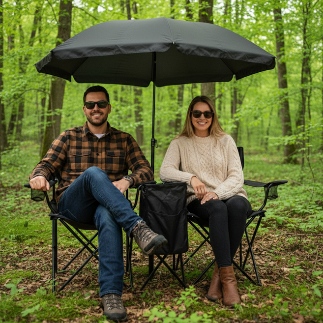 타이탄 폴딩 2인용 캠핑 의자 테이블 파라솔 세트, 블랙, 1개